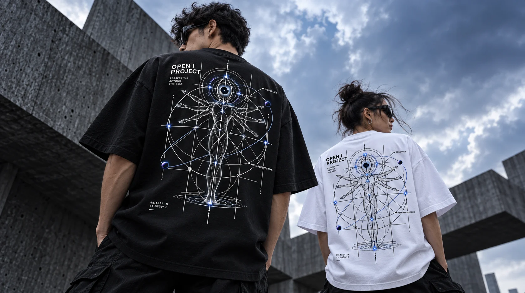 Konzeptaufnahme von zwei Personen in schwarzen und weißen OPEN I PROJECT Shirts vor kühlem Himmel und Betonarchitektur