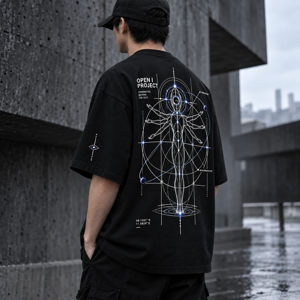 SUBJECT 001 T-Shirt in der seitlichen Rückenansicht, mit Augenmotiv am Ärmel